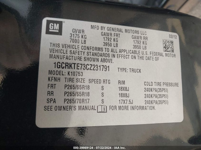 2012 Chevrolet Silverado 1500 Ltz VIN: 1GCRKTE73CZ231791 Lot: 39869124