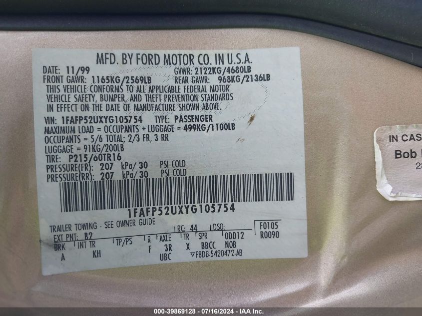 2000 Ford Taurus Lx VIN: 1FAFP52UXYG105754 Lot: 39869128