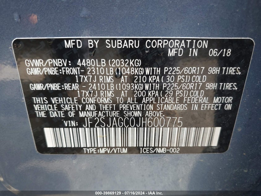 2018 Subaru Forester 2.5I Premium VIN: JF2SJAGC0JH600775 Lot: 39869129