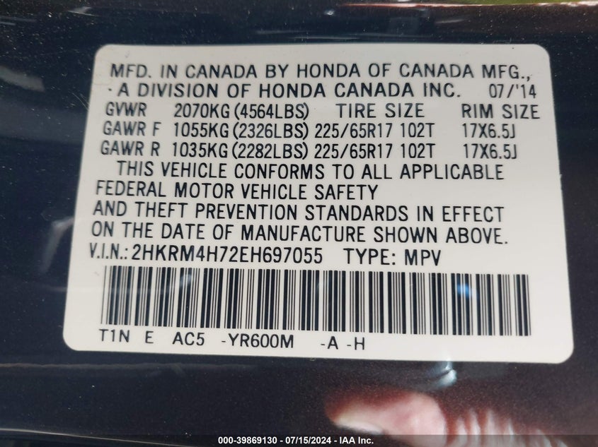 2014 Honda Cr-V Ex-L VIN: 2HKRM4H72EH697055 Lot: 39869130