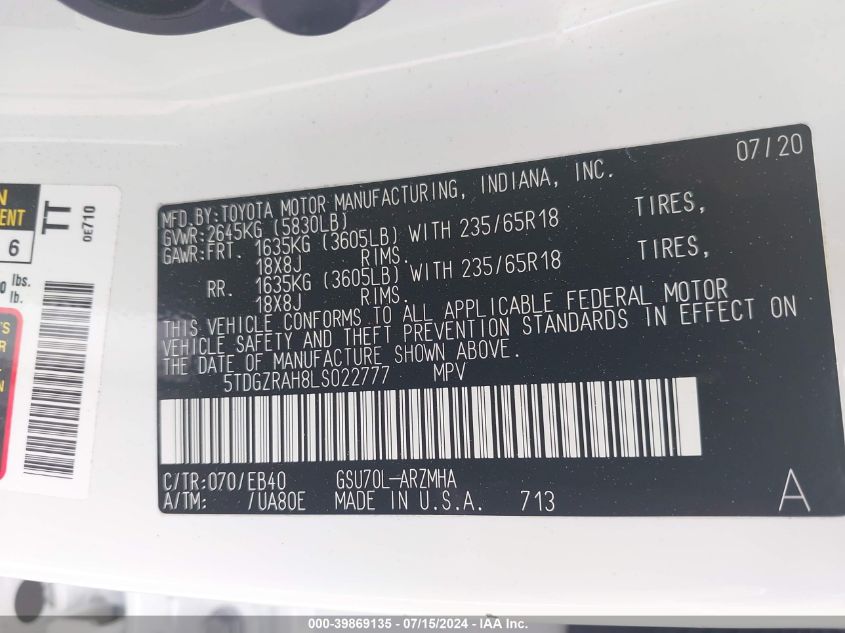 2020 Toyota Highlander Xle VIN: 5TDGZRAH8LS022777 Lot: 39869135