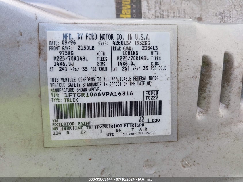 1997 Ford Ranger Splash/Xl/Xlt VIN: 1FTCR10A6VPA16316 Lot: 39869144