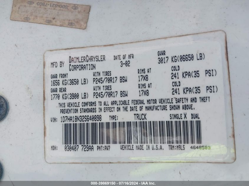 2002 Dodge Ram 1500 St VIN: 1D7HA18N32S640898 Lot: 39869150