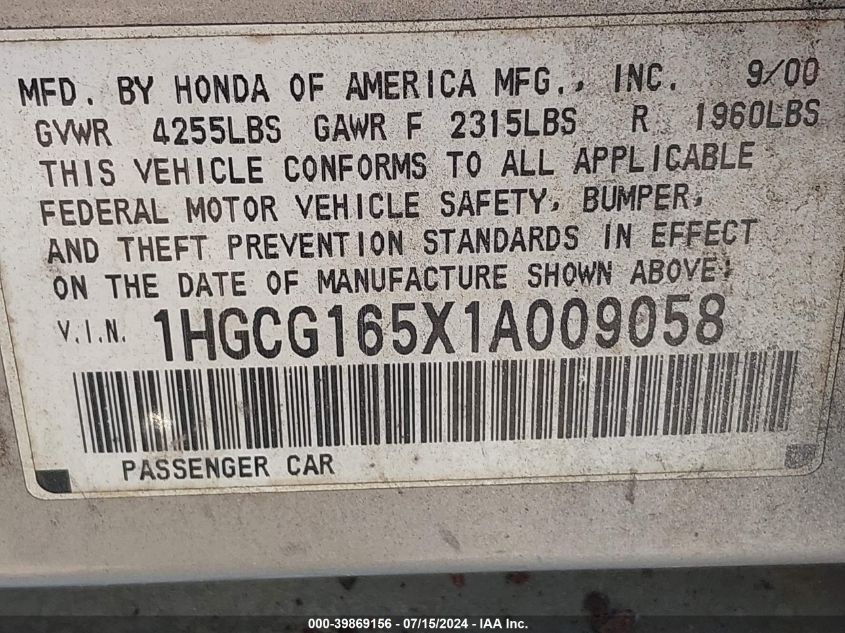 2001 Honda Accord 3.0 Ex VIN: 1HGCG165X1A009058 Lot: 39869156