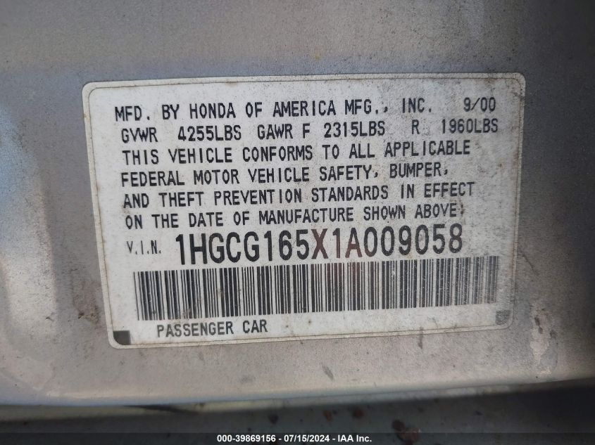 2001 Honda Accord 3.0 Ex VIN: 1HGCG165X1A009058 Lot: 39869156