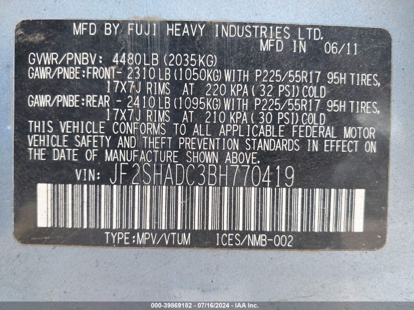 2011 Subaru Forester 2.5X Premium VIN: JF2SHADC3BH770419 Lot: 39869182