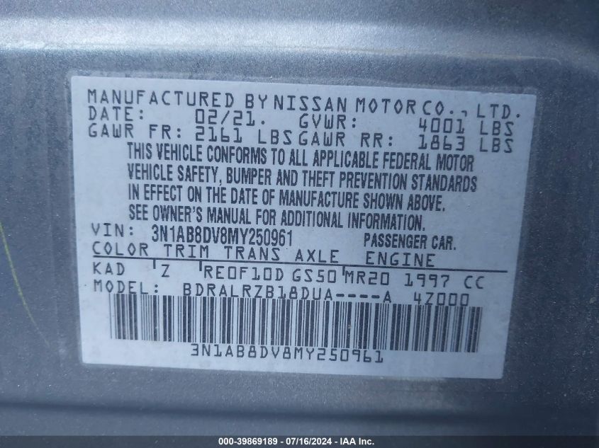 2021 Nissan Sentra Sr VIN: 3N1AB8DV8MY250961 Lot: 39869189