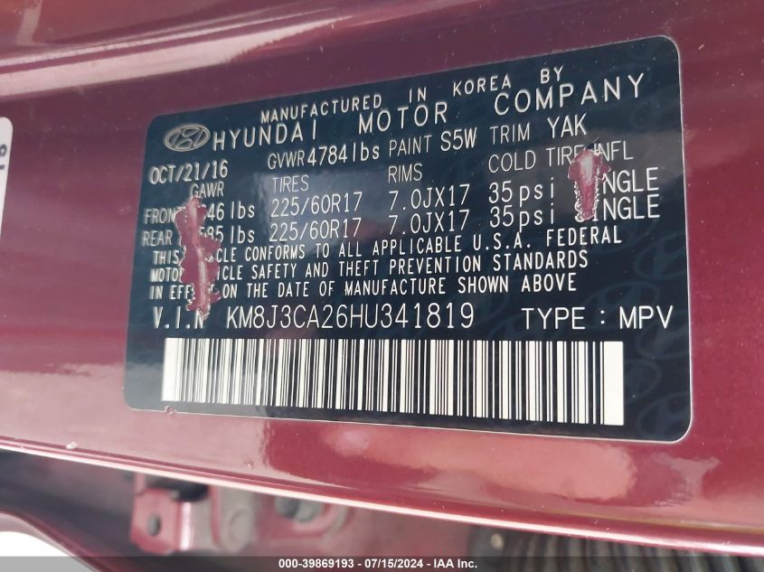 2017 Hyundai Tucson Eco VIN: KM8J3CA26HU341819 Lot: 39869193