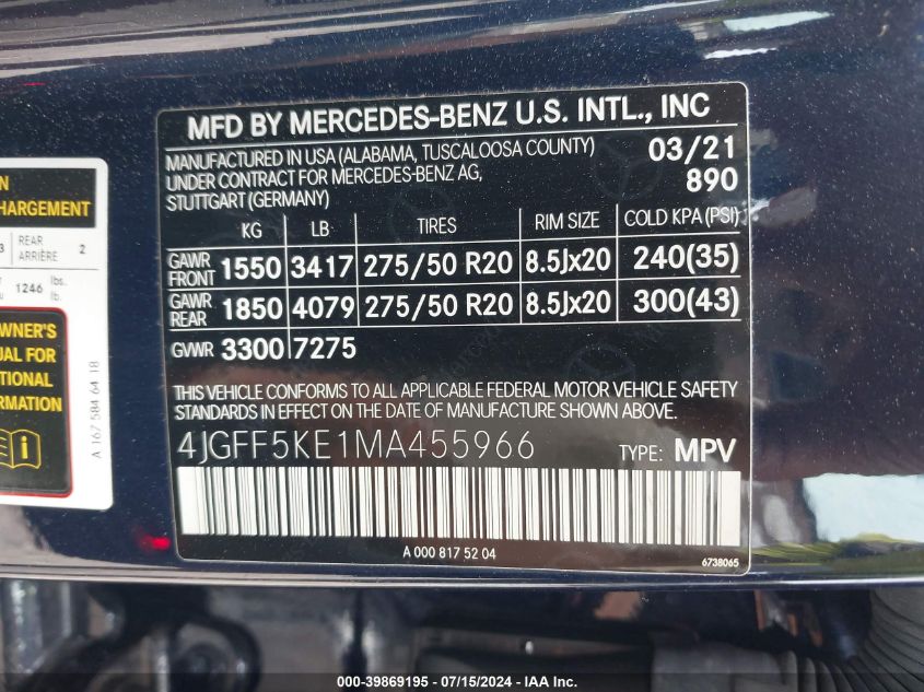 4JGFF5KE1MA455966 2021 Mercedes-Benz Gls 450 4Matic