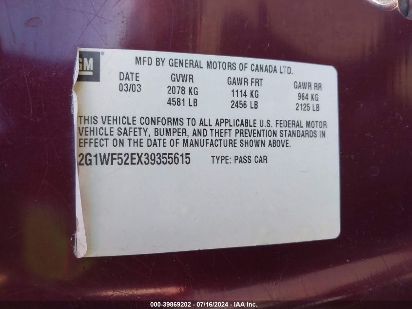 2003 Chevrolet Impala VIN: 2G1WF52EX39355615 Lot: 39869202