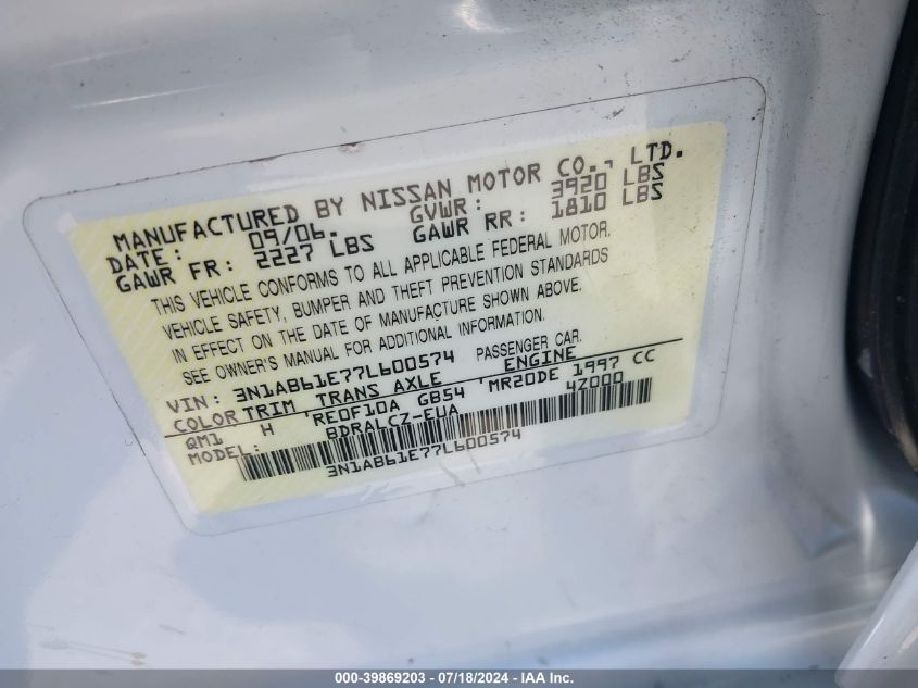 2007 Nissan Sentra 2.0 VIN: 3N1AB61E77L600574 Lot: 39869203