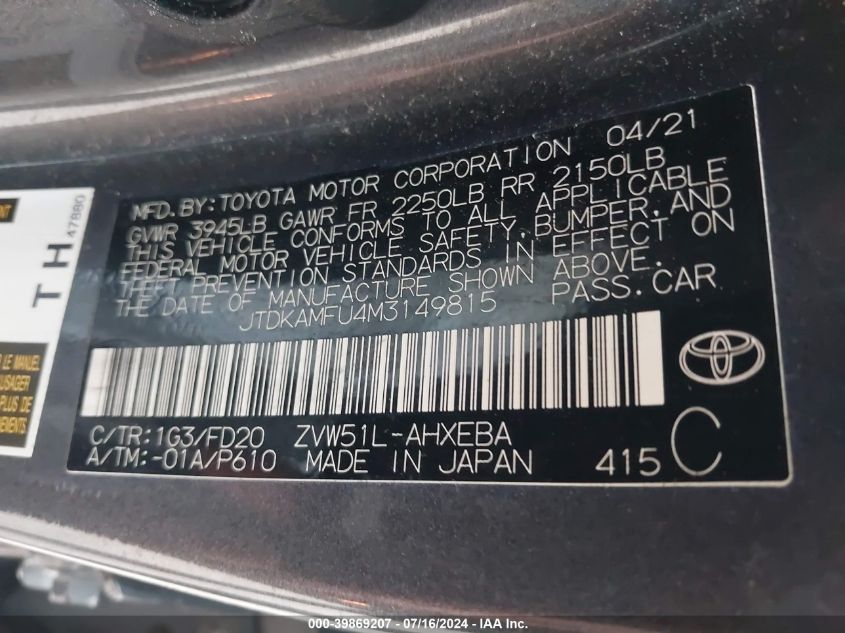 2021 Toyota Prius Le VIN: JTDKAMFU4M3149815 Lot: 39869207