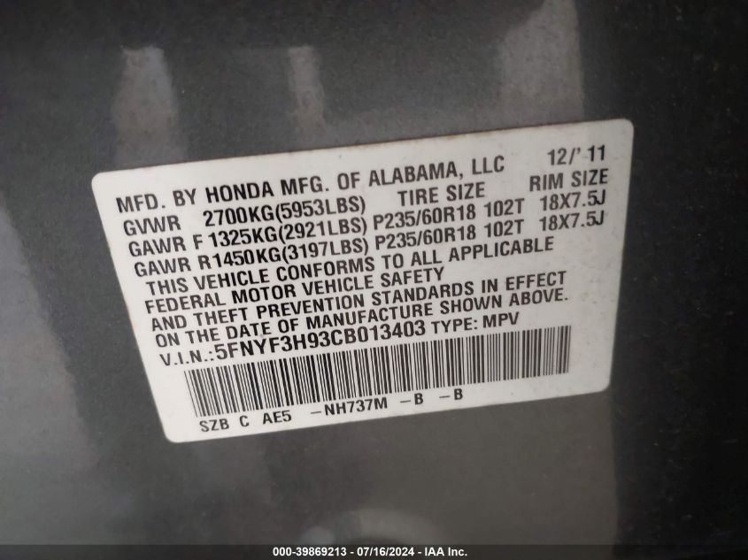 2012 Honda Pilot Touring VIN: 5FNYF3H93CB013403 Lot: 39869213