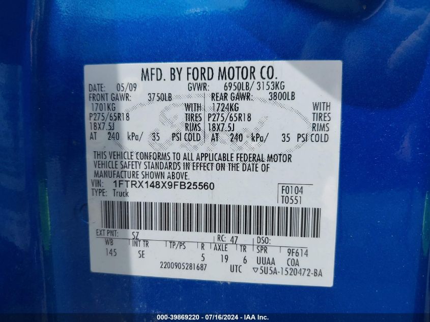 2009 Ford F-150 Stx/Xl/Xlt VIN: 1FTRX148X9FB25560 Lot: 39869220