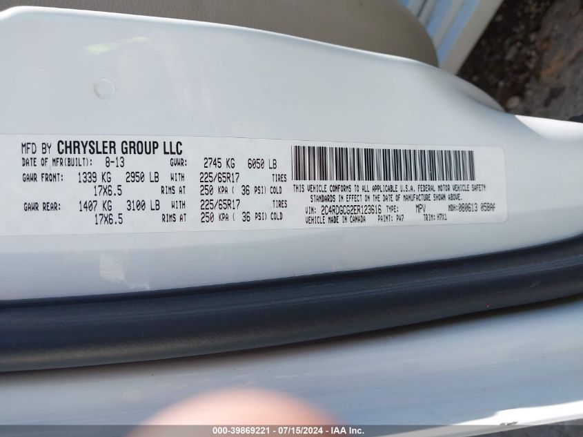 2014 Dodge Grand Caravan Sxt VIN: 2C4RDGCG2ER123616 Lot: 39869221