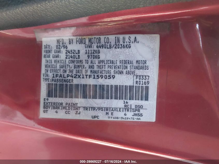 1996 Ford Mustang Gt VIN: 1FALP42X1TF159059 Lot: 39869227