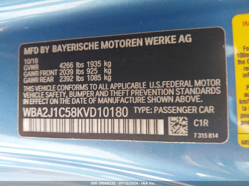 2019 BMW 230I VIN: WBA2J1C58KVD10180 Lot: 39869230