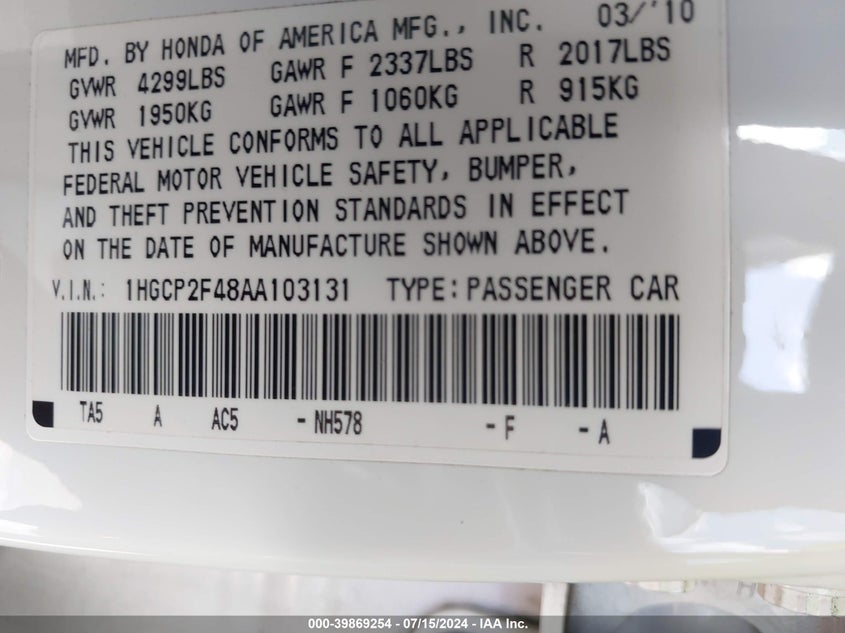 2010 Honda Accord 2.4 Lx-P VIN: 1HGCP2F48AA103131 Lot: 39869254