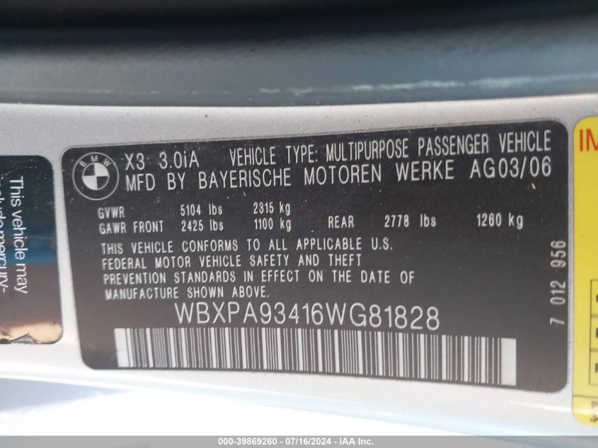 2006 BMW X3 3.0I VIN: WBXPA93416WG81828 Lot: 39869260