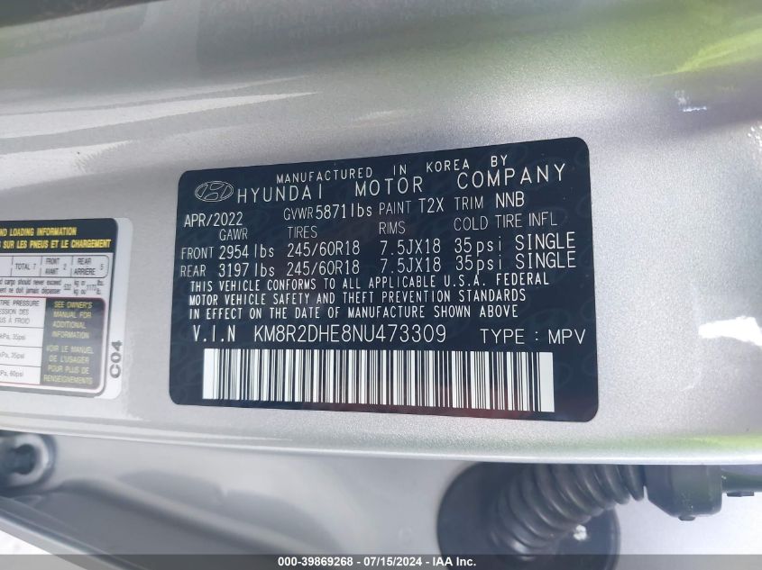 2022 Hyundai Palisade Sel VIN: KM8R2DHE8NU473309 Lot: 39869268