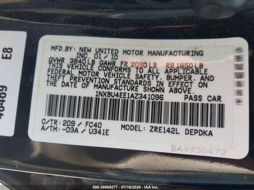 2010 Toyota Corolla Le VIN: 1NXBU4EE1AZ341096 Lot: 39869277