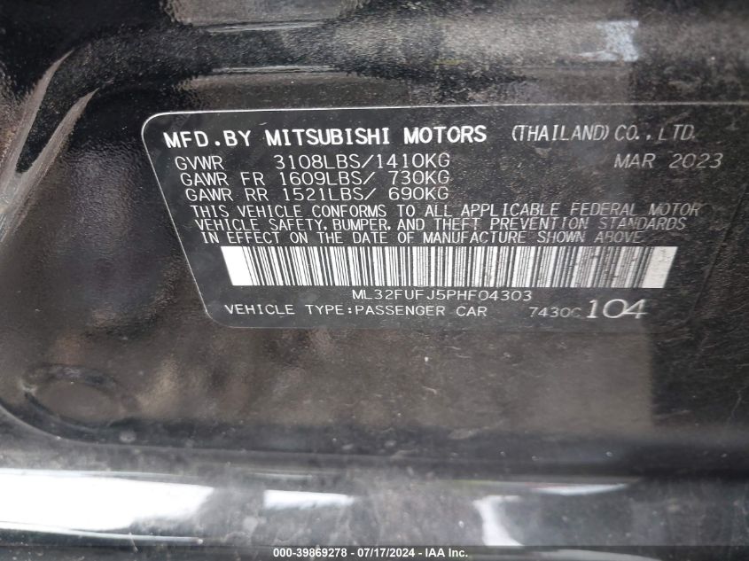 VIN ML32FUFJ5PHF04303 2023 MITSUBISHI MIRAGE G4 no.9