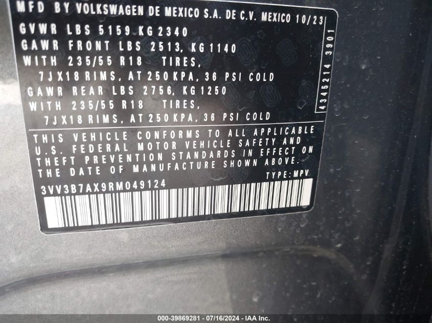 2024 Volkswagen Tiguan Se VIN: 3VV3B7AX9RM049124 Lot: 39869281