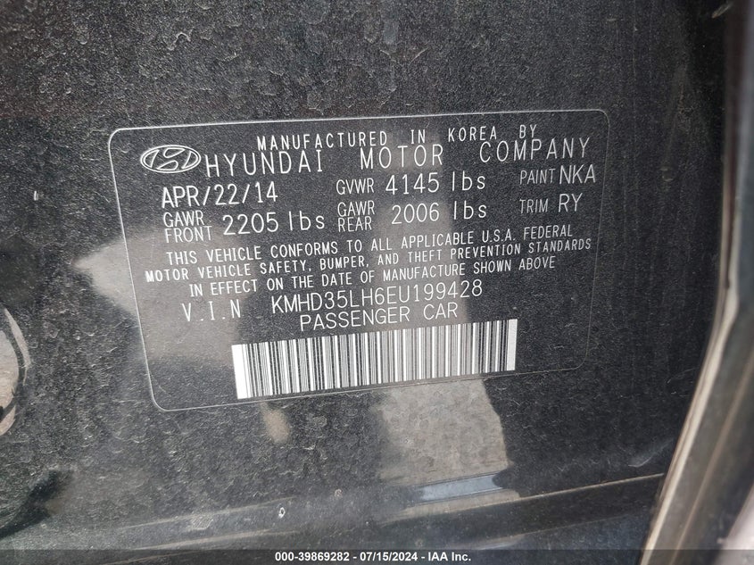 2014 Hyundai Elantra Gt VIN: KMHD35LH6EU199428 Lot: 39869282