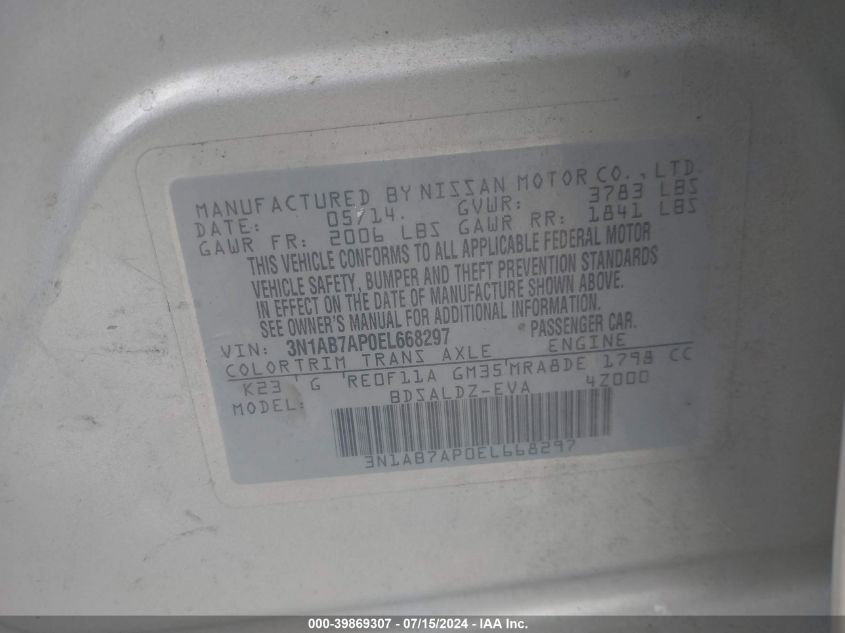 2014 Nissan Sentra Fe+ S/Fe+ Sv/S/Sl/Sr/Sv VIN: 3N1AB7AP0EL668297 Lot: 39869307