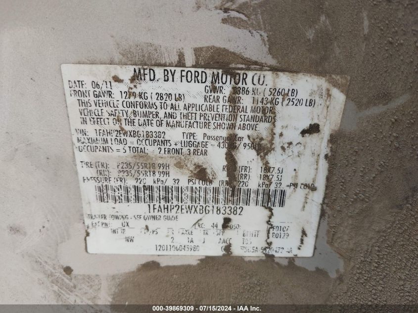 2011 Ford Taurus Sel VIN: 1FAHP2EWXBG183382 Lot: 39869309