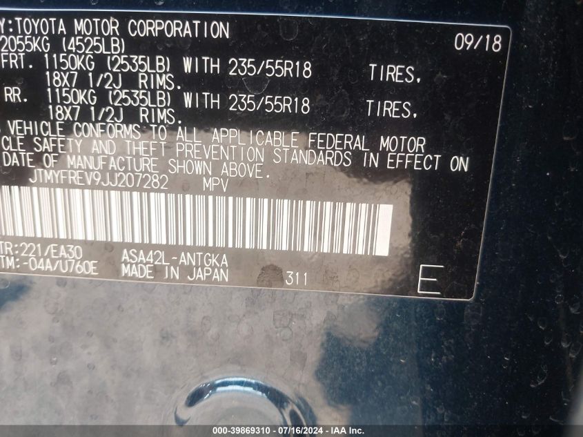 2018 Toyota Rav4 Limited VIN: JTMYFREV9JJ207282 Lot: 39869310