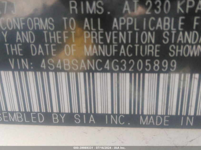 2016 Subaru Outback 2.5I Limited VIN: 4S4BSANC4G3205899 Lot: 39869331