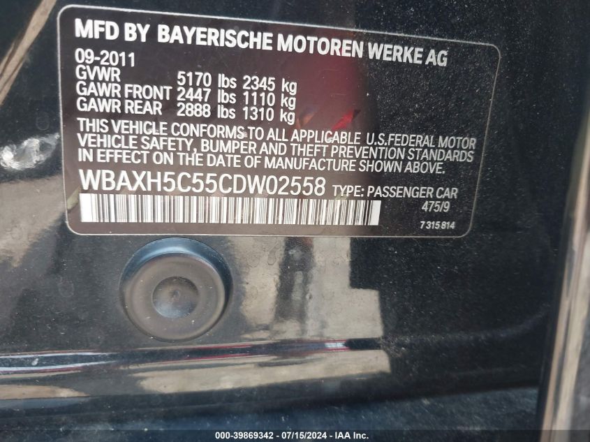 2012 BMW 528I xDrive VIN: WBAXH5C55CDW02558 Lot: 39869342