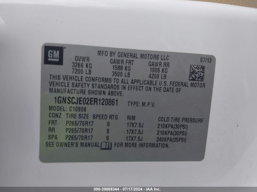 2014 Chevrolet Suburban 1500 Lt VIN: 1GNSCJE02ER120861 Lot: 39869344