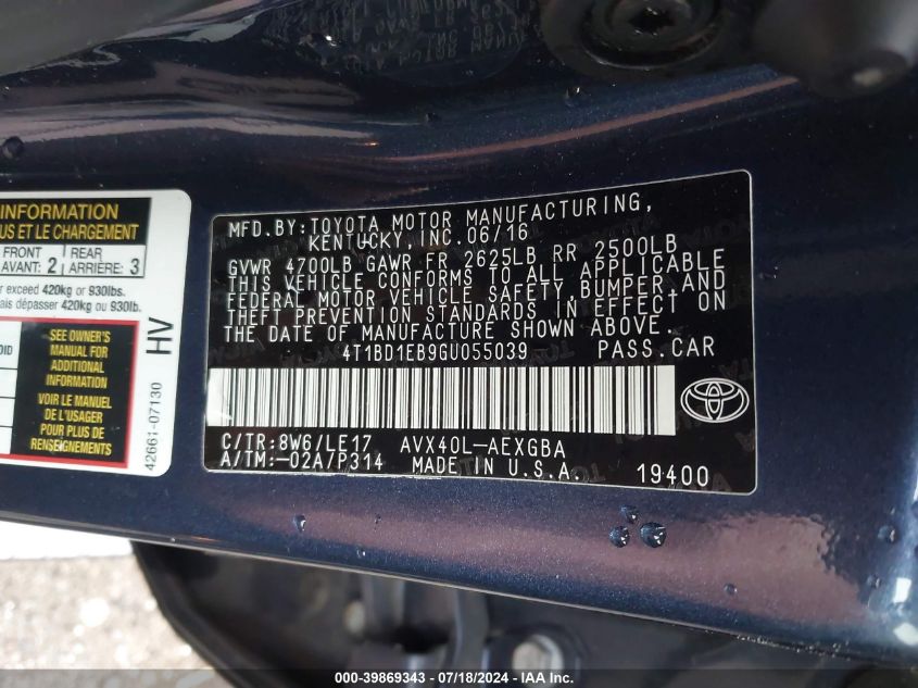 2016 Toyota Avalon Hybrid Xle Premium VIN: 4T1BD1EB9GU0SS039 Lot: 39869343