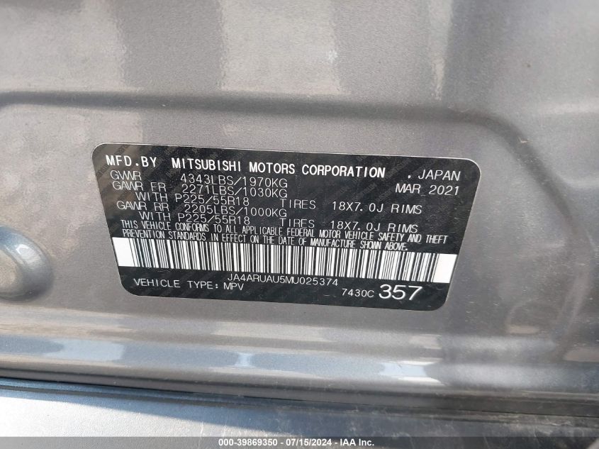 2021 Mitsubishi Outlander Sport 2.0 Be Awc/2.0 Es Awc/2.0 Le Awc/2.0 Se Awc VIN: JA4ARUAU5MU025374 Lot: 39869350