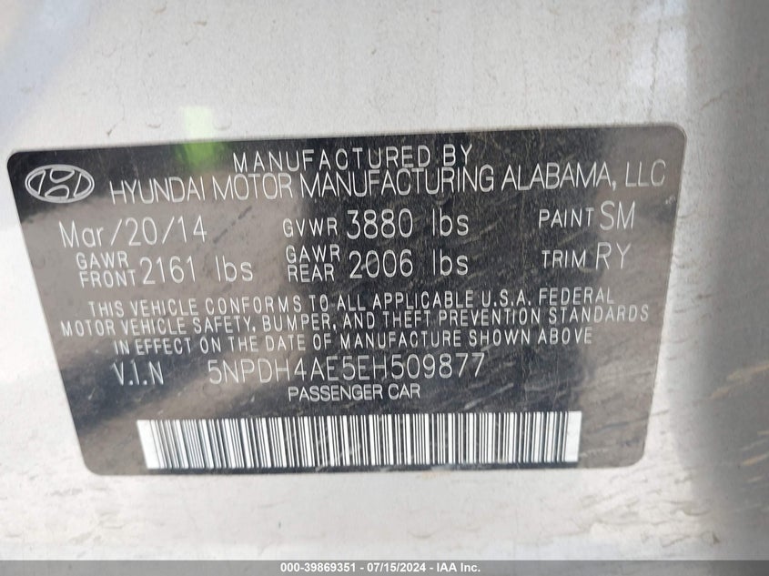 2014 Hyundai Elantra Limited VIN: 5NPDH4AE5EH509877 Lot: 39869351