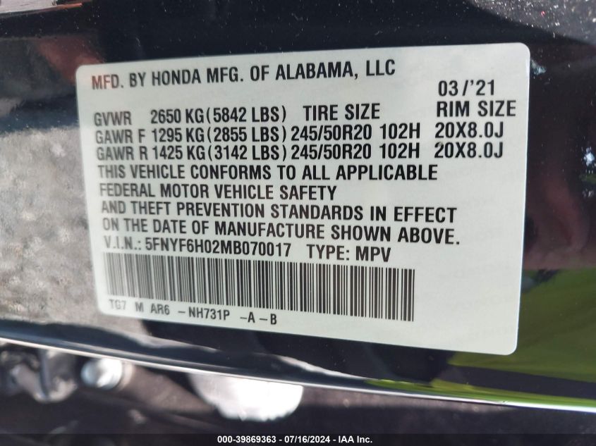 2021 HONDA PILOT 3.5L V6 FI SOHC 24V (VIN: 5FNYF6H02MB070017