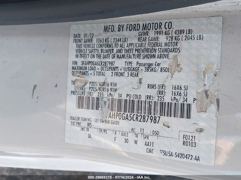 2012 Ford Fusion S VIN: 3FAHP0GA5CR287987 Lot: 39869378