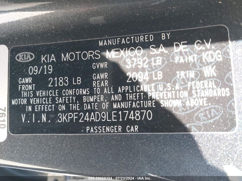2020 Kia Forte Lxs VIN: 3KPF24AD9LE174870 Lot: 39869384