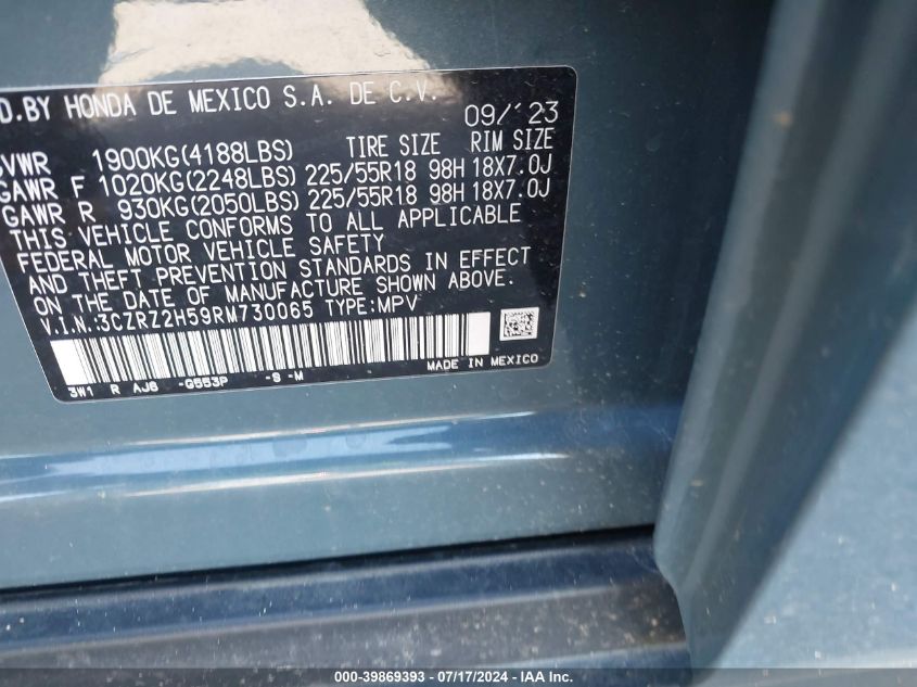 2024 Honda Hr-V Awd Sport/Awd Sport W/O Bsi VIN: 3CZRZ2H59RM730065 Lot: 39869393