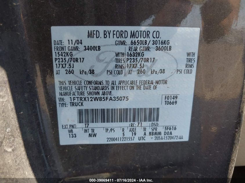 2005 Ford F-150 Stx/Xl/Xlt VIN: 1FTRX12W85FA35075 Lot: 39869411