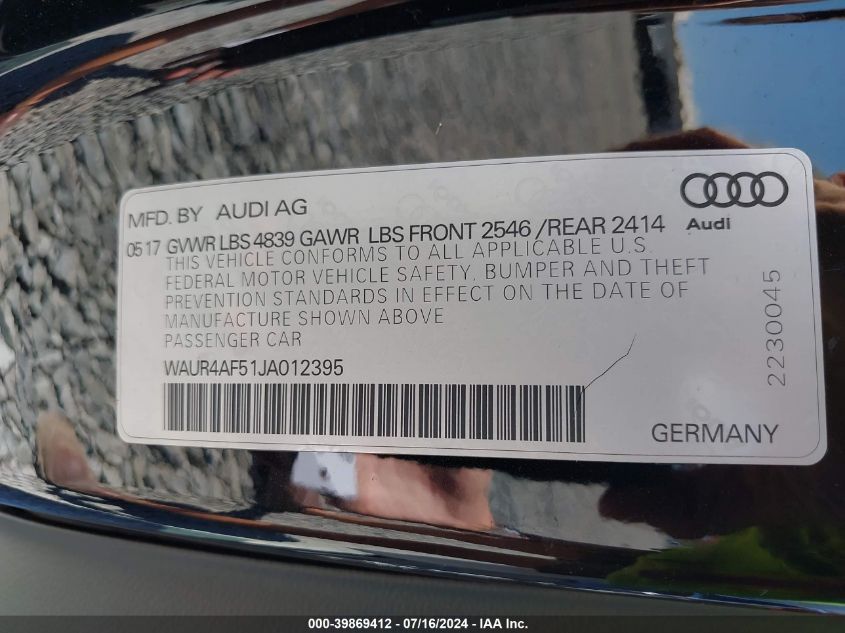 2018 Audi S5 3.0T Premium Plus VIN: WAUR4AF51JA012395 Lot: 39869412