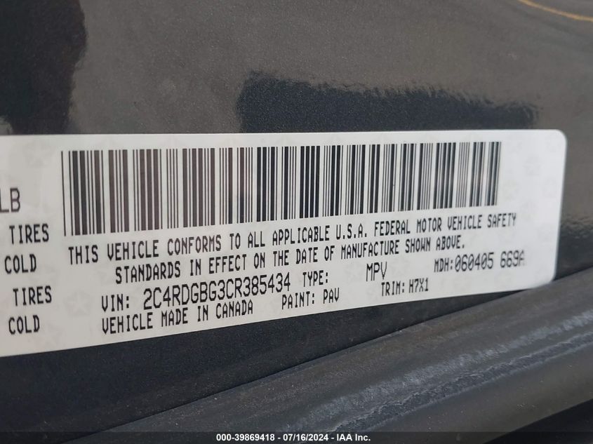 2012 Dodge Grand Caravan Se/Avp VIN: 2C4RDGBG3CR385434 Lot: 39869418