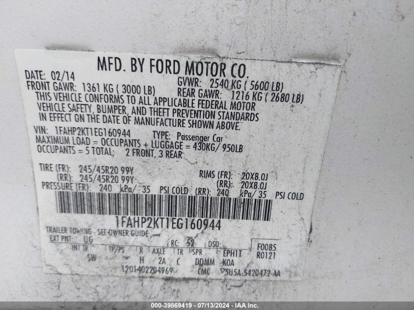 2014 Ford Taurus Sho VIN: 1FAHP2KT1EG160944 Lot: 39869419