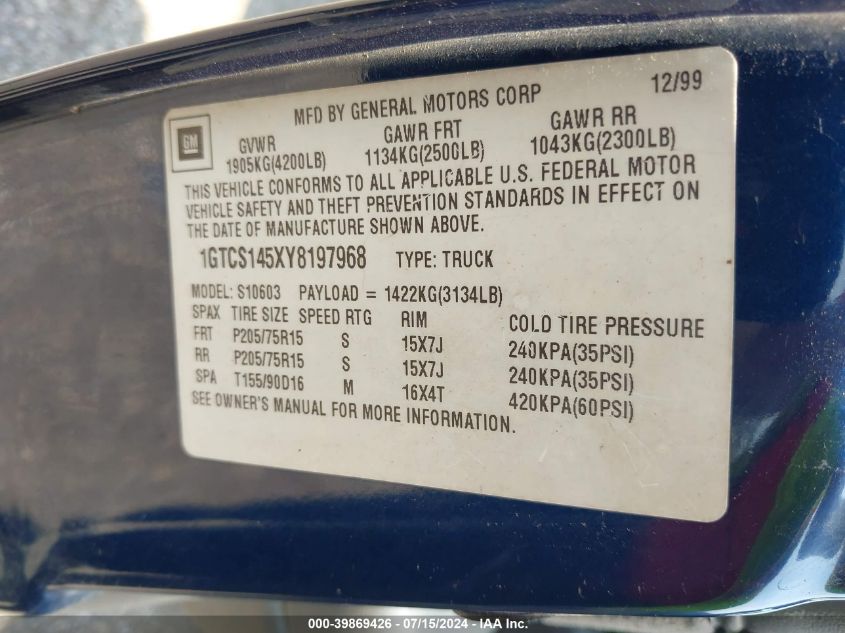 2000 GMC Sonoma Sls VIN: 1GTCS145XY8197968 Lot: 39869426