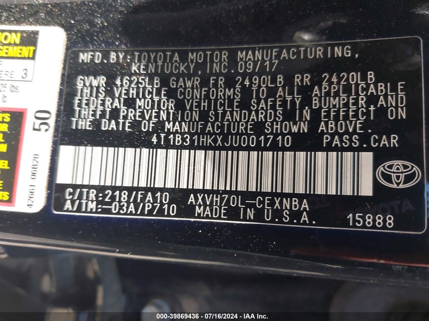 2018 TOYOTA CAMRY HYBRID LE - 4T1B31HKXJU001710