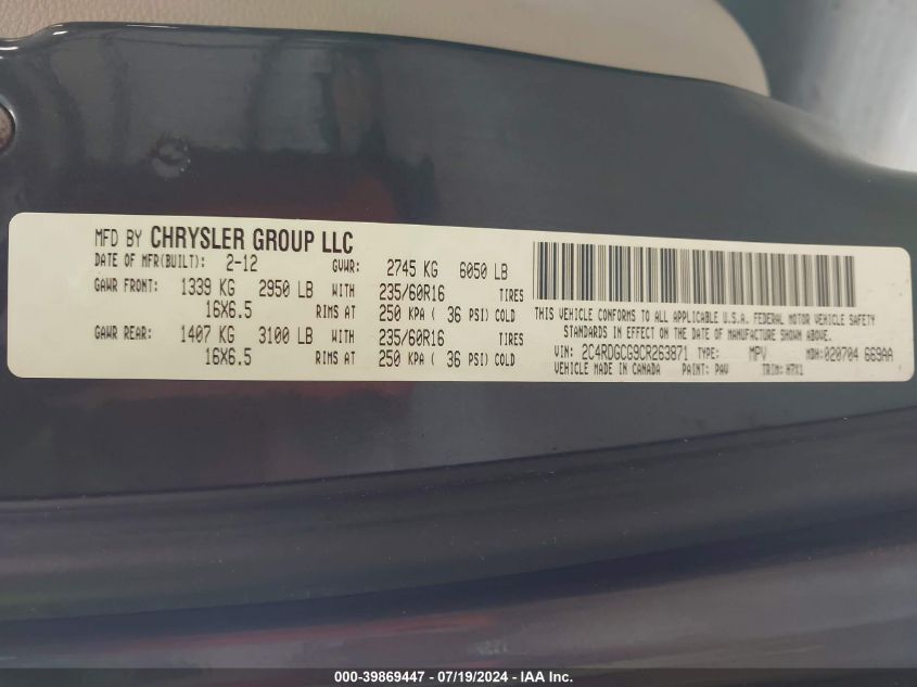 2012 Dodge Grand Caravan Sxt VIN: 2C4RDGCG9CR263871 Lot: 39869447