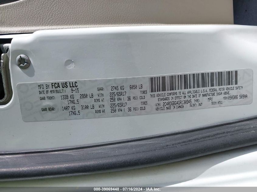 2016 Dodge Grand Caravan Se VIN: 2C4RDGBG4GR130345 Lot: 39869448