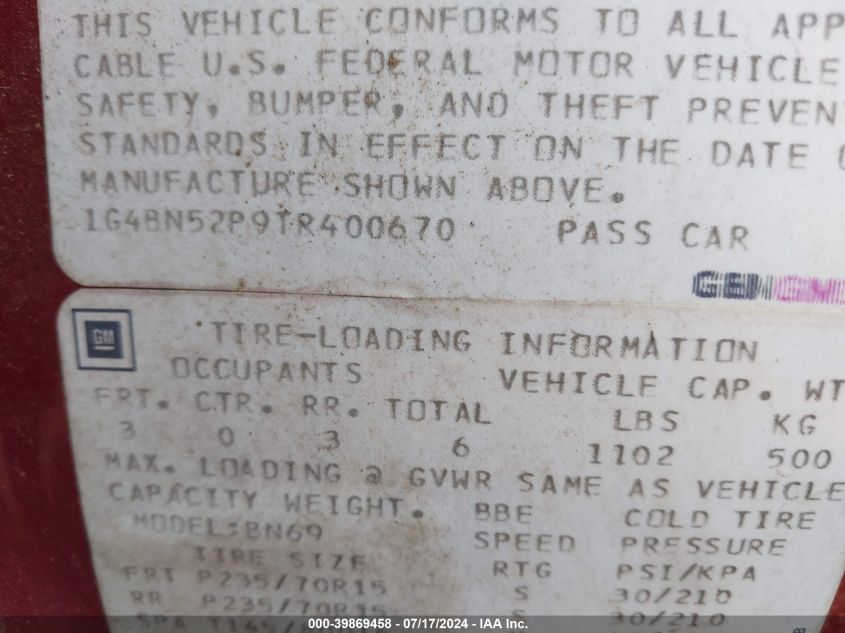 1996 Buick Roadmaster VIN: 1G4BN52P9TR400670 Lot: 39869458